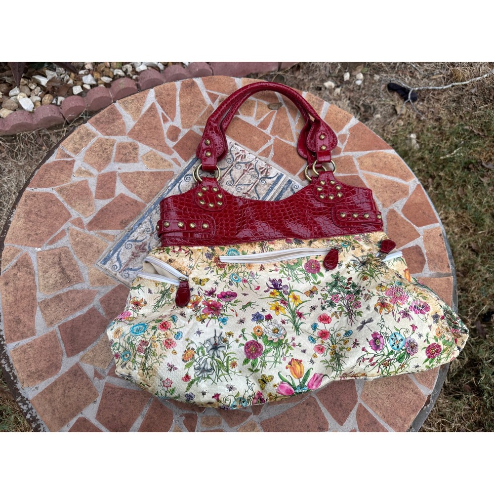 Floral Print Hobo Bag Red Faux Croc Trim Studded Shoulder Purse